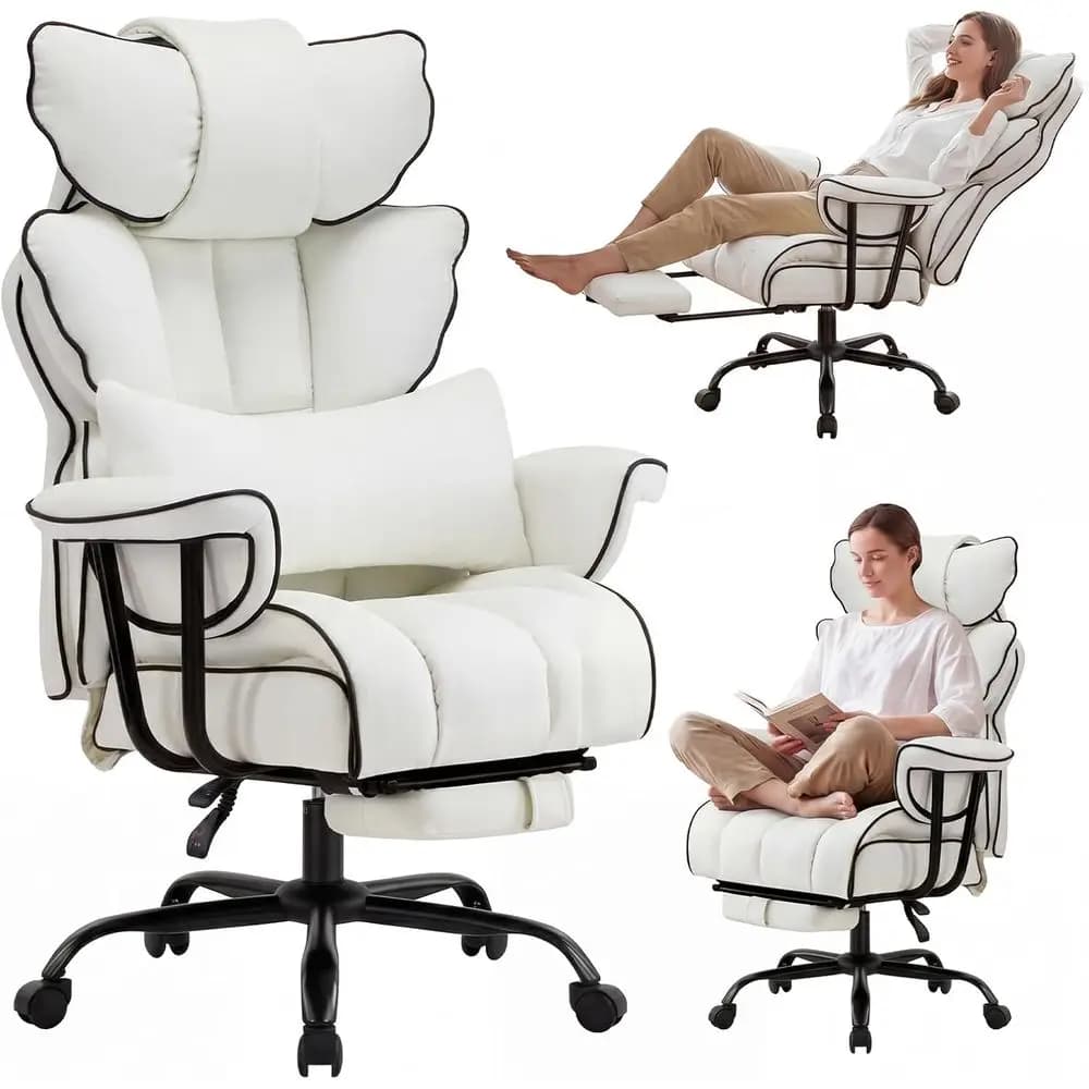 Sedia da Ufficio Ergonomica Reclinabile con Poggiapiedi, Cuscino di Supporto Lombare, Altezza Regolabile, Sedia in Pelle Bianca per Casa o Ufficio