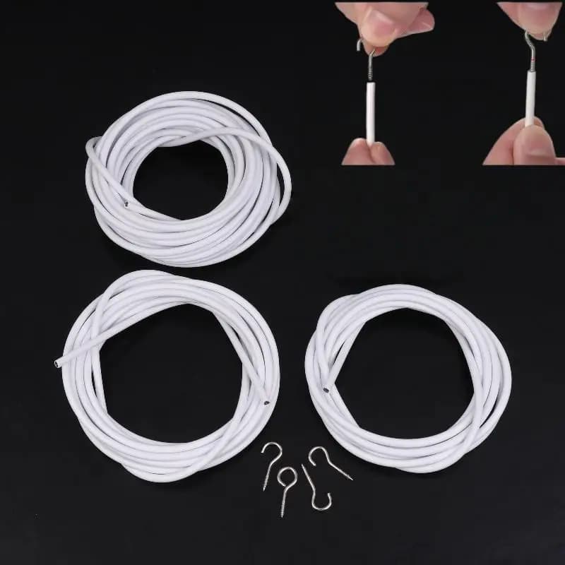 Set di 1 Filo per Tende in PVC Bianco con Ganci e Occhielli, 2/3/5/6 Metri, Corda a Molla per Tende da Appendere a Parete