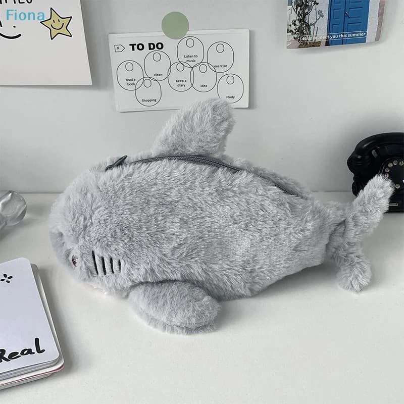 ☽Cute Plush Ocean Shark Pencil Case Cosmetic Bag Portable Large Capacity Pen Pouch Stationery Storage Box School Office Supplies