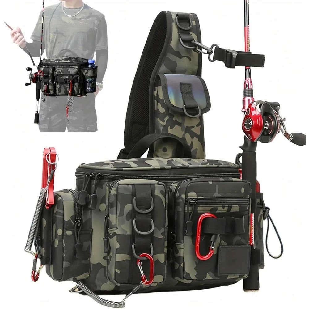 Zaino per Attrezzatura da Pesca, Borsa da Pesca a Tracolla, Organizer per Attrezzatura con Porta Canna e Accessori, Ideale per Pesca, Campeggio, Escursionismo