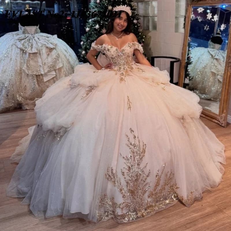 EVLAST Personalizzato Glitter Avorio Abito Quinceanera Abito di Sfera Lucido Paillettes Applique Che Borda Dolce 16 Abiti 15 Anos E2QA169