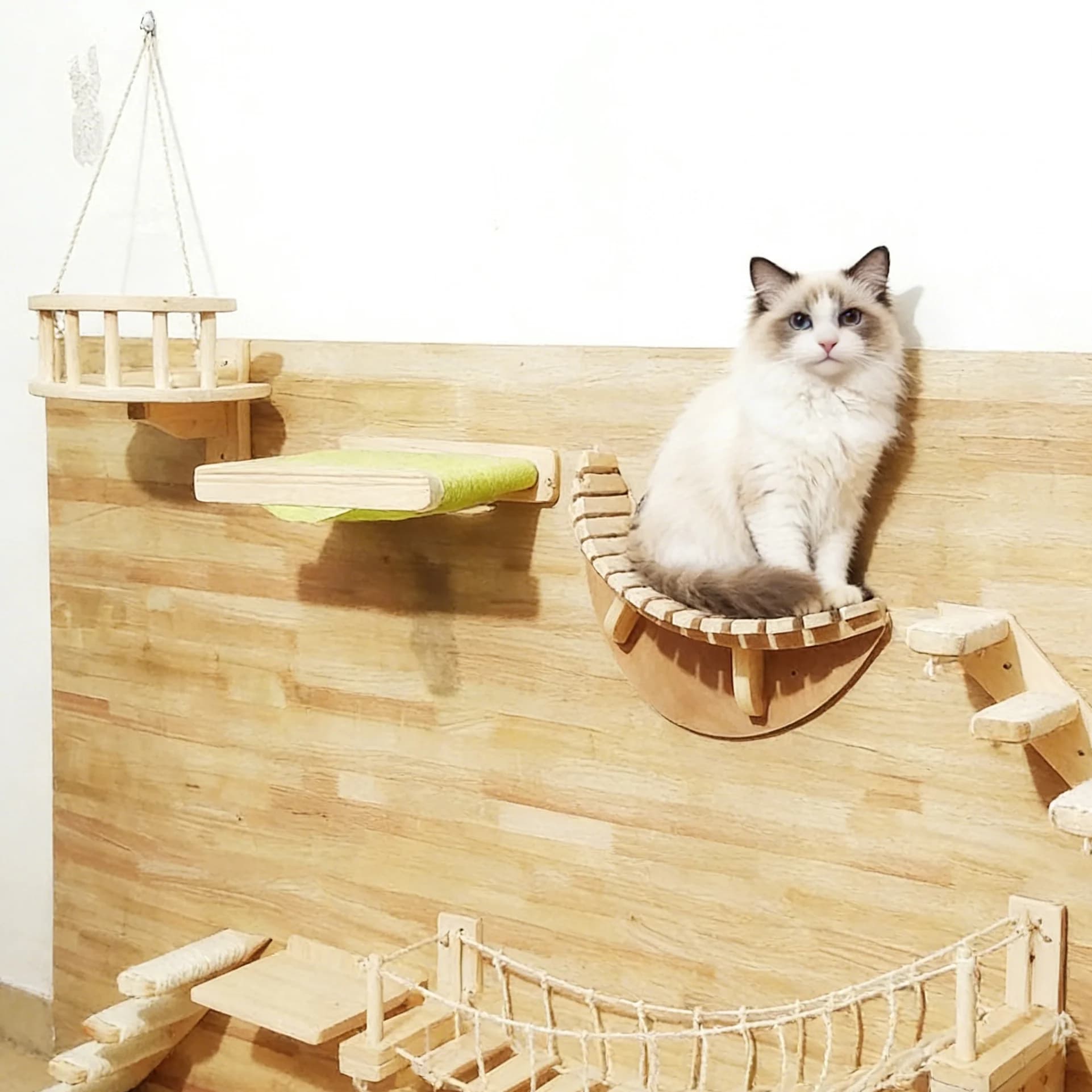 Tiragraffi da Parete per Gatti in Sisal, Scaffali in Legno per Arrampicata, Pedana Amaca, Parco Giochi Interno per Gattini, Accessori per Gatti