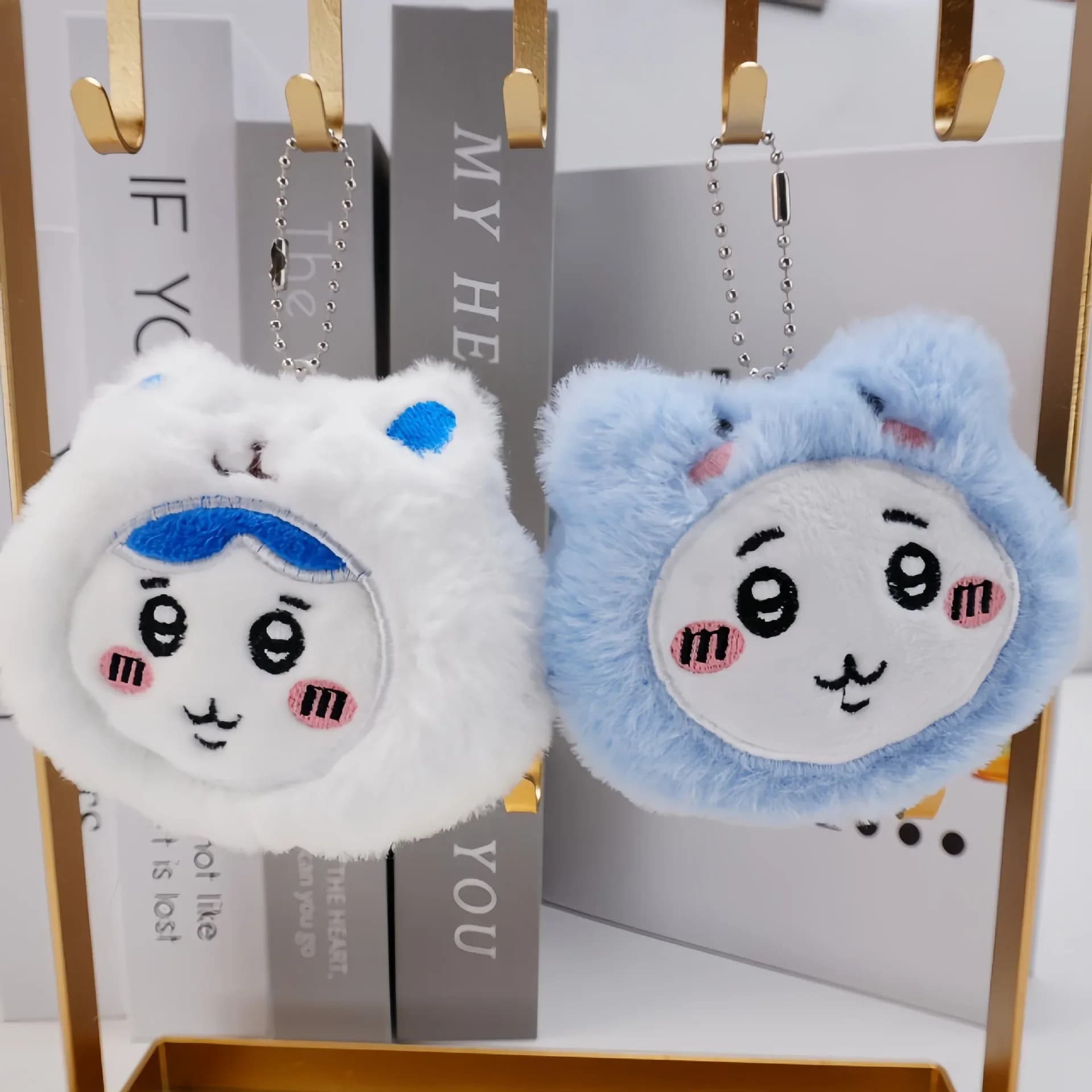 Kawaii Squeaky Sound Cat Plush Keychain Fluffy Blue Animal Pendant Soft Stuffed Doll Backpack Bag Charm Gift for Girls Teens