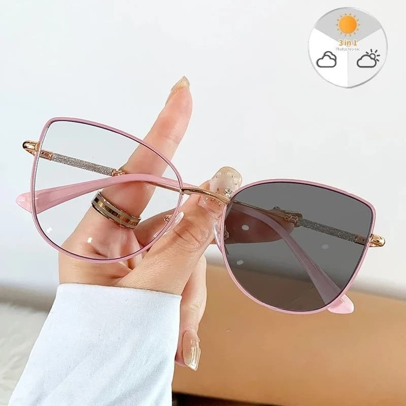 New Eye Cat Metal Glasses Photochromatic Glasses for Women Cat Eye Triangle Change Color Sunglasses Eye Glasses
