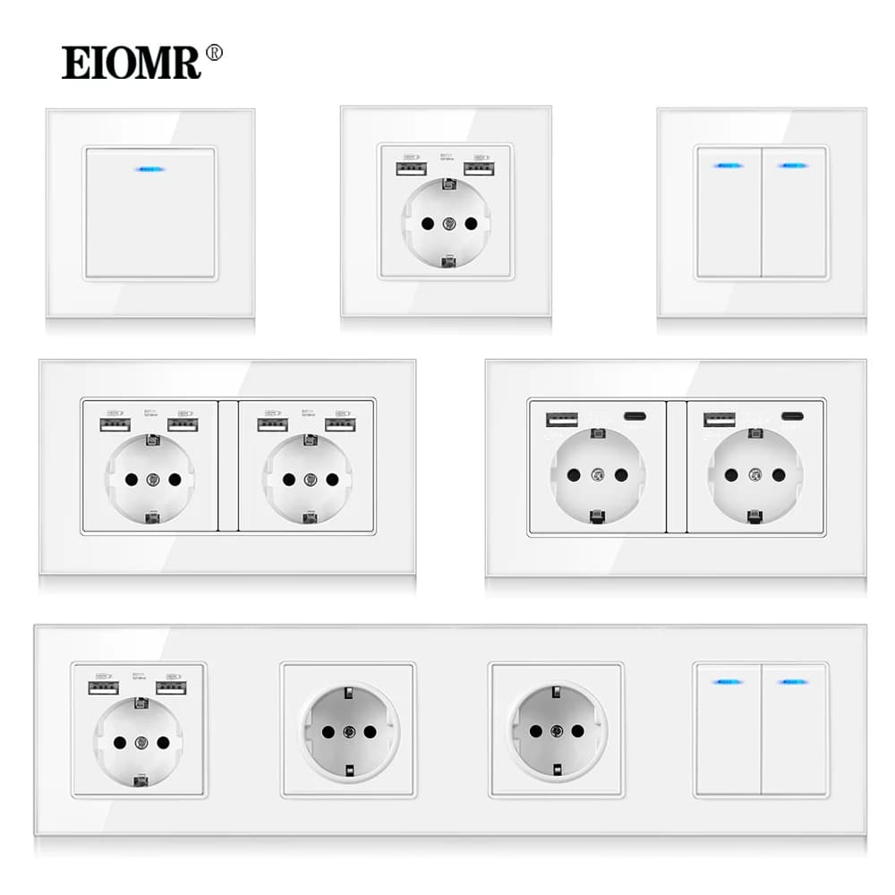 EIOMR EU Standard 16A Tempered Crystal Panel Wall Grip Power socket with Usb 5V 2100mA Ac110-250V White