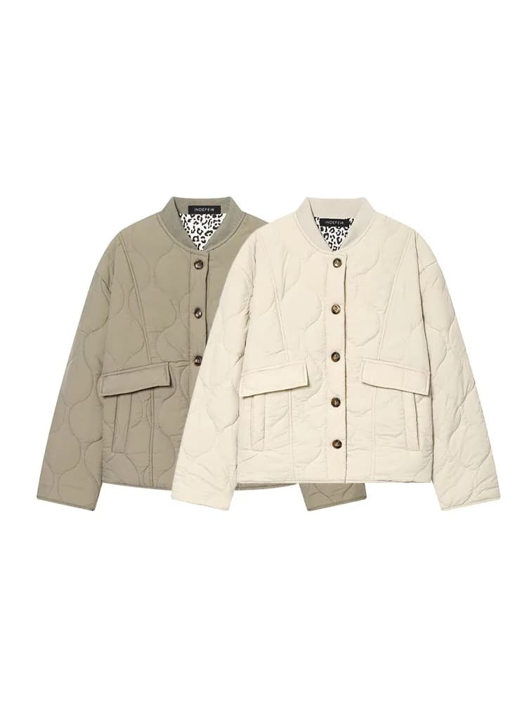 HH Women Single Breasted Stand Collar Long Sleeves Pocket Decoration Short Coat Female Winter Casual Street Seamed Cotton Jacket