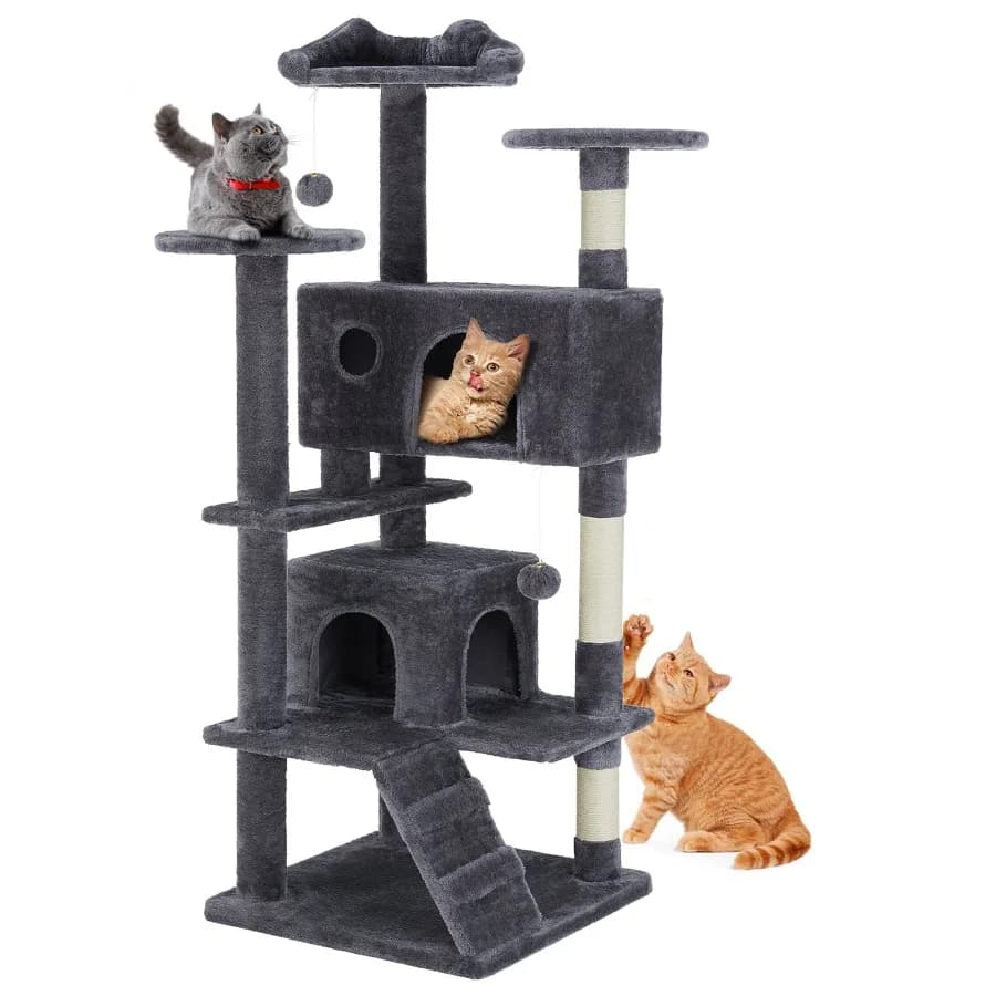54" Indoor Cat Tree Tower with Multiple Levels Sisal Scratching Post Spacious Condo Climbing Ramp Kitten Toy Grey