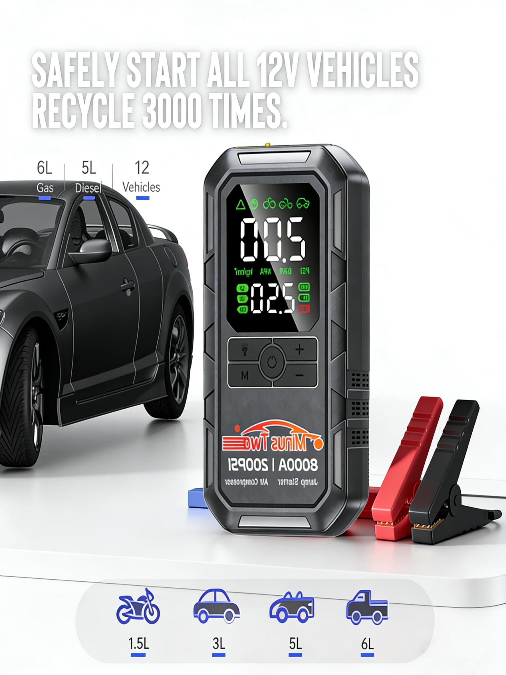 Avviatore d'Emergenza per Auto 800A e Gonfiatore Pneumatici 200PSI - Power Bank Portatile per Auto, Bici, Gonfiabili, Uso di Emergenza