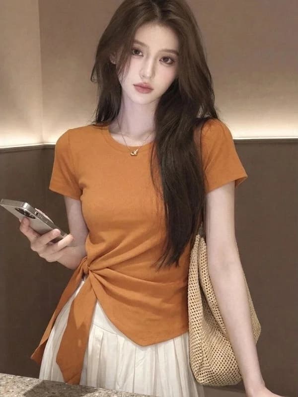 Korean Style Casual Knot Short Sleeve T-Shirt Women's plus Size Beautiful Summer Fashion Light Maturity Top Ladies' Tee