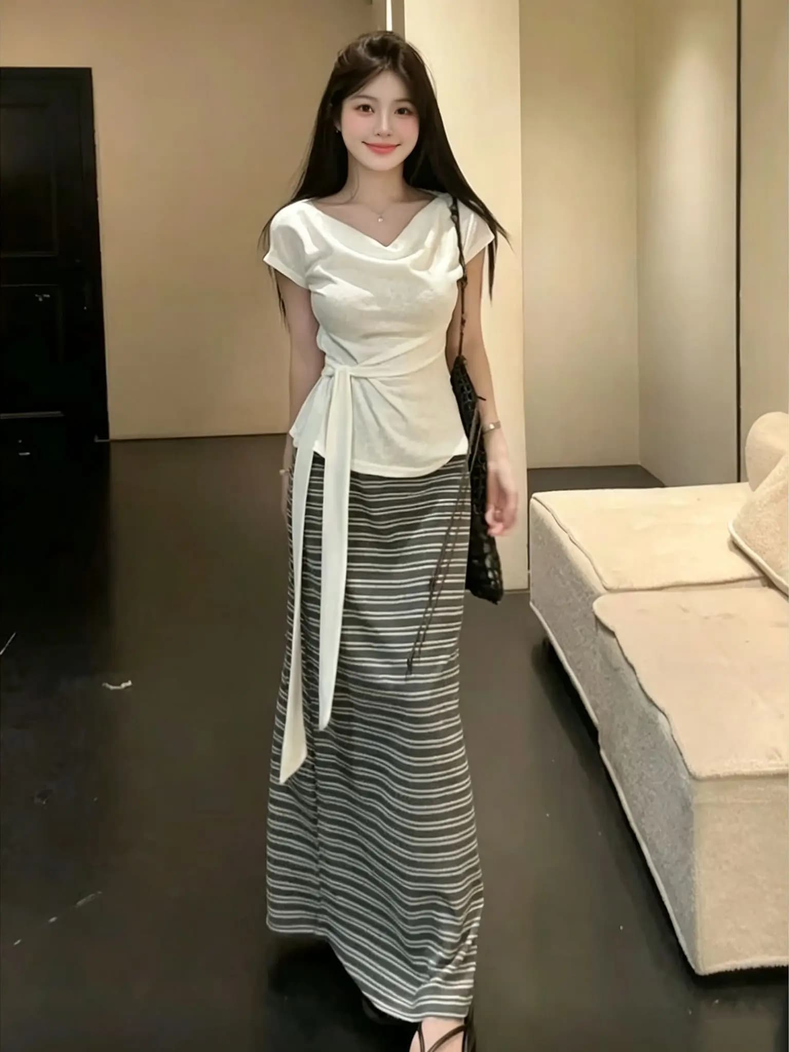 Summer Korean Style Pure Desire Waist-Cinching Belted Top And Stripe Skirt Two-Piece Set Fashionable And Elegant