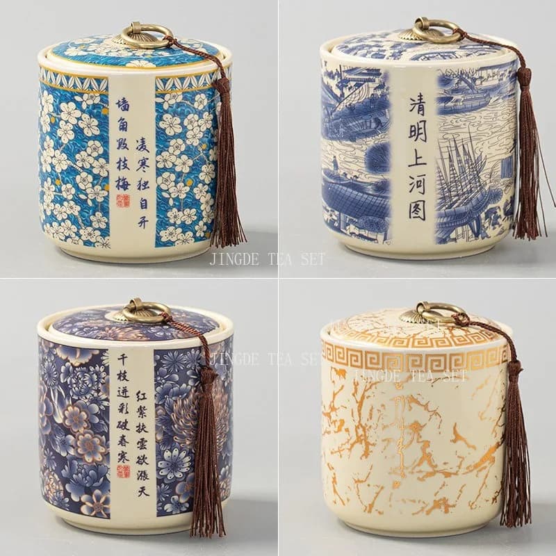 Chinese Ceramic Tea Storage Jar Blue White Print Brass Ring Cover With Tassel Airtight Canister for Tea Coffee Spice Organizer