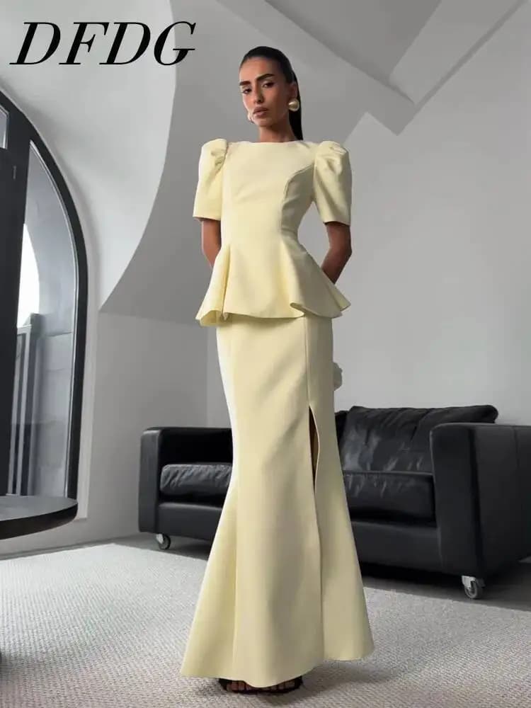DFDG Completo Elegante da Sera Donna Primavera Estate 2026 Due Pezzi: Blusa con Maniche a Sbuffo e Peplum, Gonna a Sirena a Vita Alta con Spacco