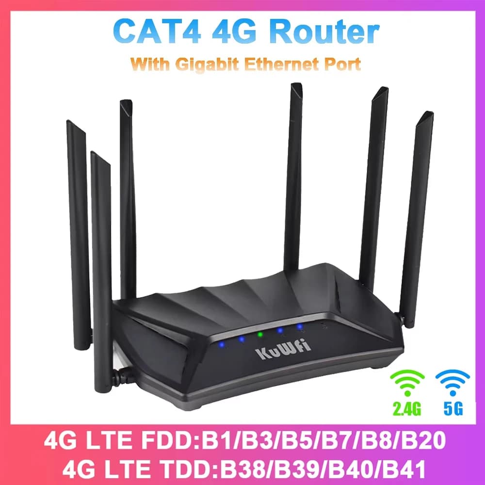 KUWFi CAT4 4G CPE Router 1200Mbps 2.4G 5GHz Dual Band WiFi Router LTE Modem with Gigabit RJ45 Port USIM Slot External Antennas