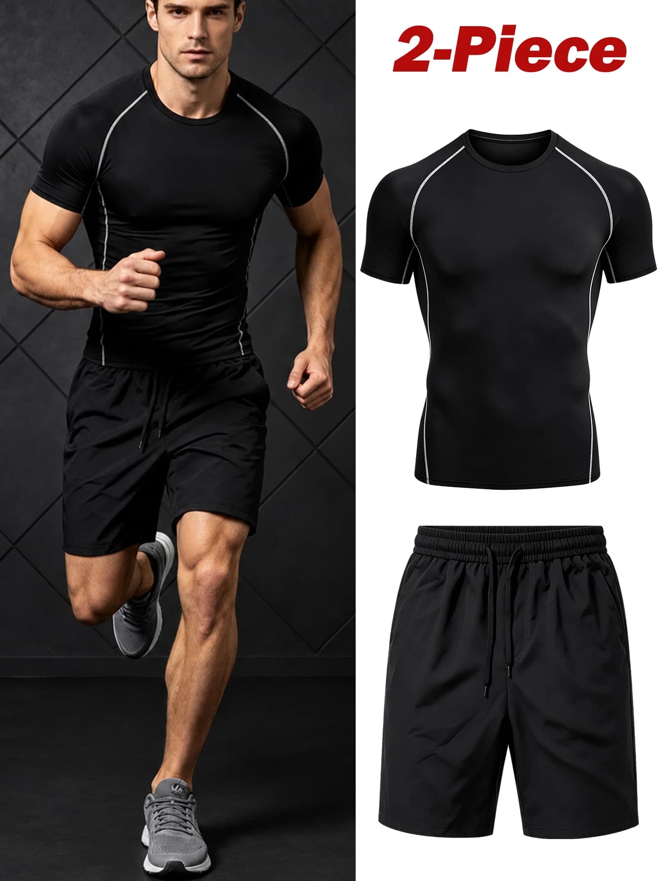 2-Piece Men's Sportswear Set, Long-Sleeve Crew-Neck Top, Shorts Compression Workout Gear, High-Stretch Fabric, Lightweight, Quick-Dry Tight-Fitting Athletic T-Shirt, Ideal for Running, Fitness, Gym and Casual Wear with Stretch Waistband