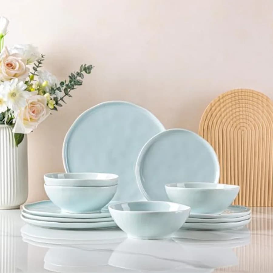 Set di Stoviglie in Ceramica per 4 Persone, Piatti e Ciotole in Porcellana con Bordo Ondulato, Adatti per Microonde, Lavastoviglie e Forno