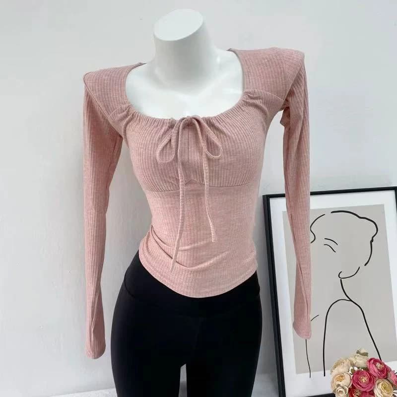 Top slim da donna con scollo quadrato alla moda, maglietta corta coreana a maniche lunghe primaverile, T-shirt Y2K tinta unita con fiocco e lacci, abbinabile a tutto, da donna