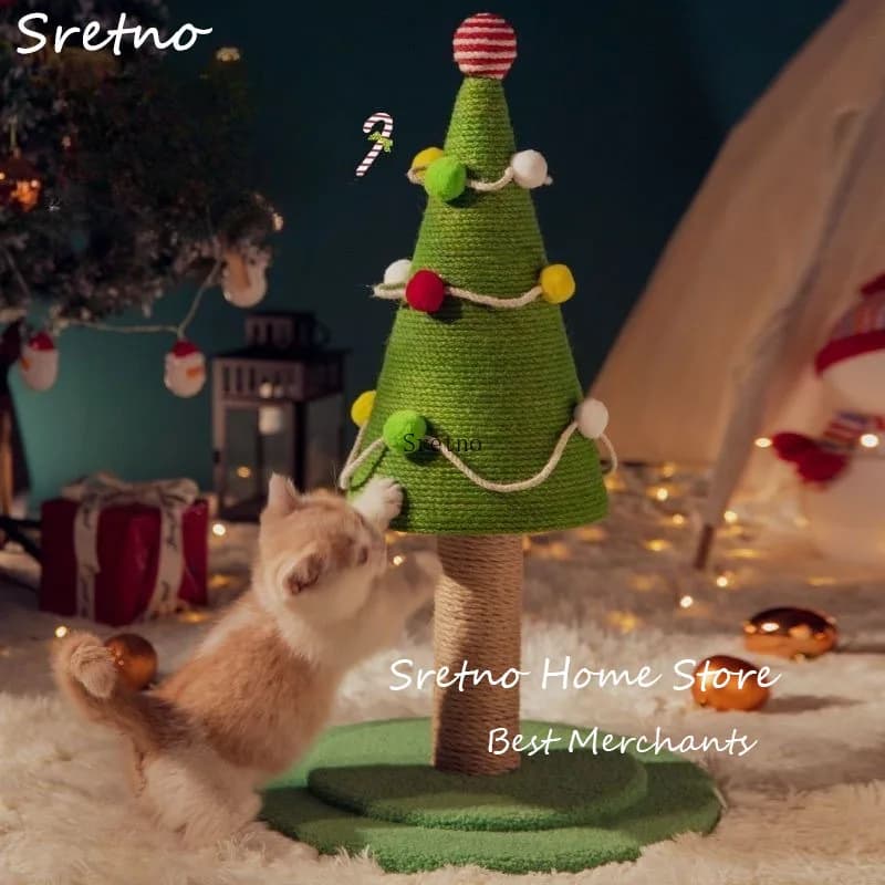 SRETNO 2025 Telaio da arrampicata per albero per gatti in stile natalizio Tiragraffi per gatti in sisal Verticali senza spargimento, Forniture per giocattoli per gatti resistenti all'usura