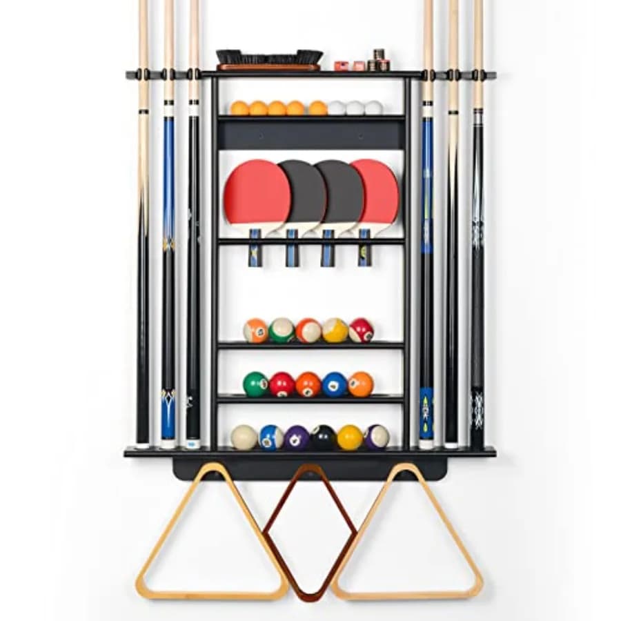 Supporto 2-IN-1 per Stecche da Biliardo con Design a Montaggio a Parete in Legno di Pino Massiccio per un'Efficiente Conservazione di Stecche da Biliardo e Racchette da Ping Pong