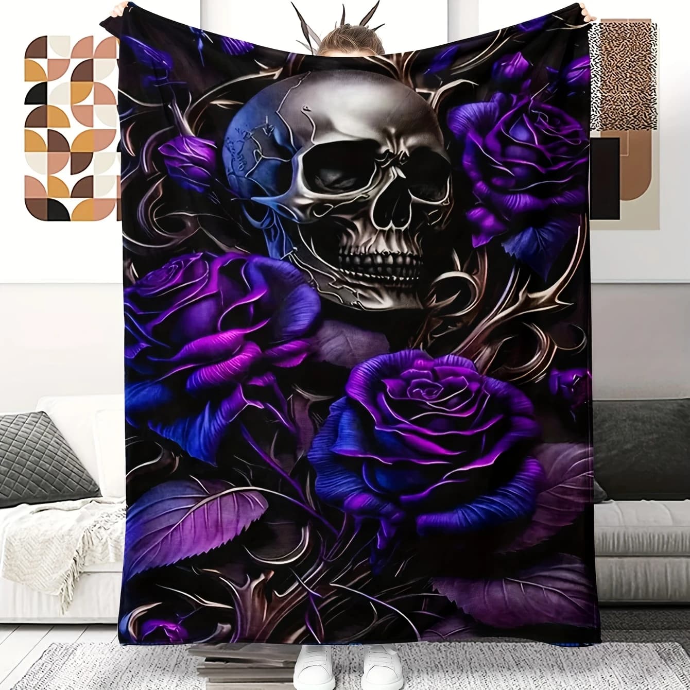VIKAMA Gothic Skull Purple Rose Throw Blanket,Dark Tattoo Art Print Flannel Sofa Cover,Halloween Goth Home Decor Holiday Gift