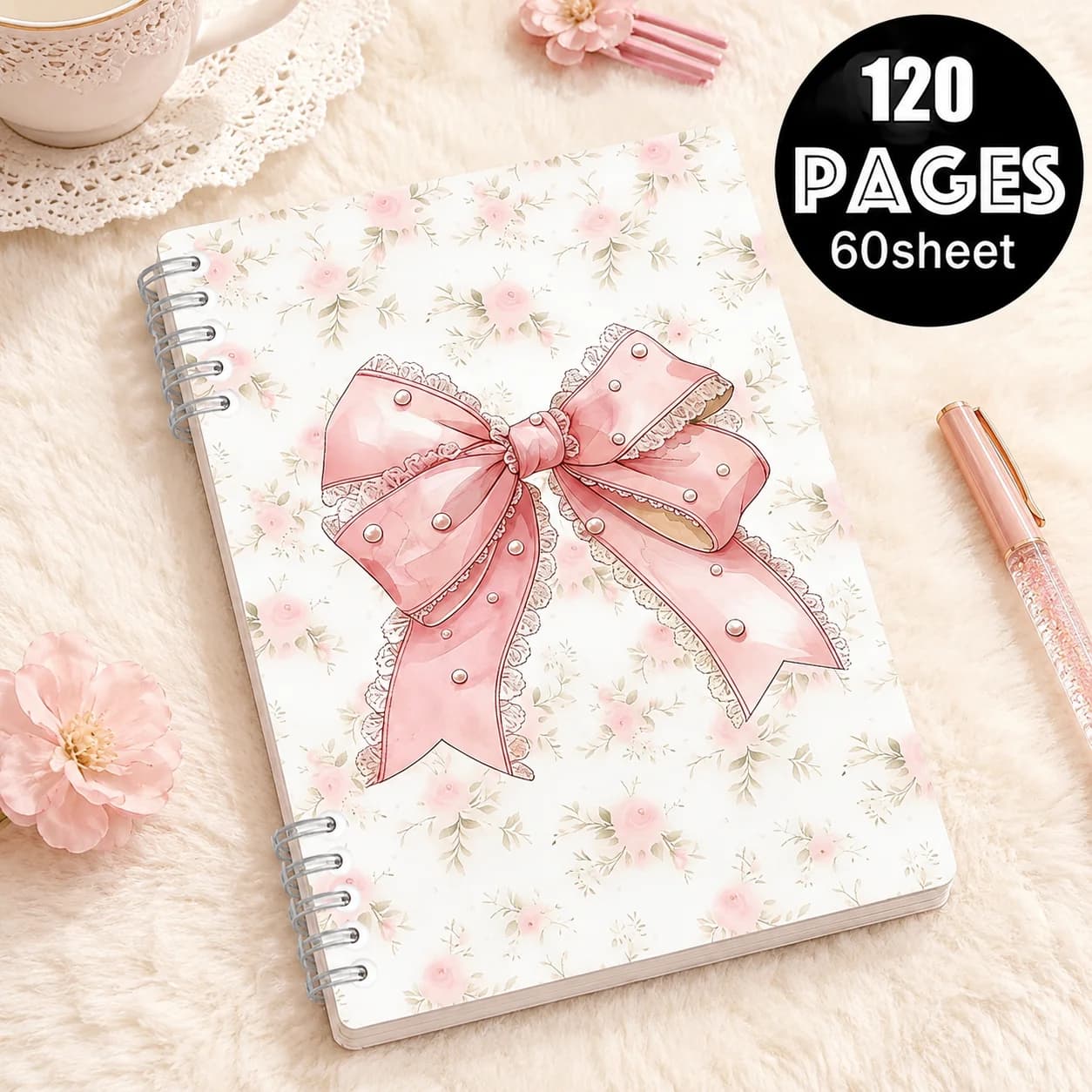 Cute Pink Bow Floral Spiral Notebook 120 Pages, Kawaii Journal Planner for School Office Notes Gift
