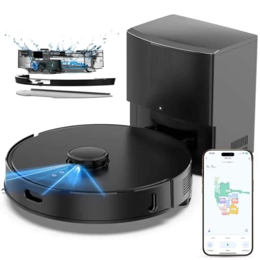 Robot aspirapolvere e lavapavimenti combinato per uso domestico, corpo in plastica ABS, colore nero, aspirazione 8000Pa con svuotamento automatico, navigazione LiDAR, 75