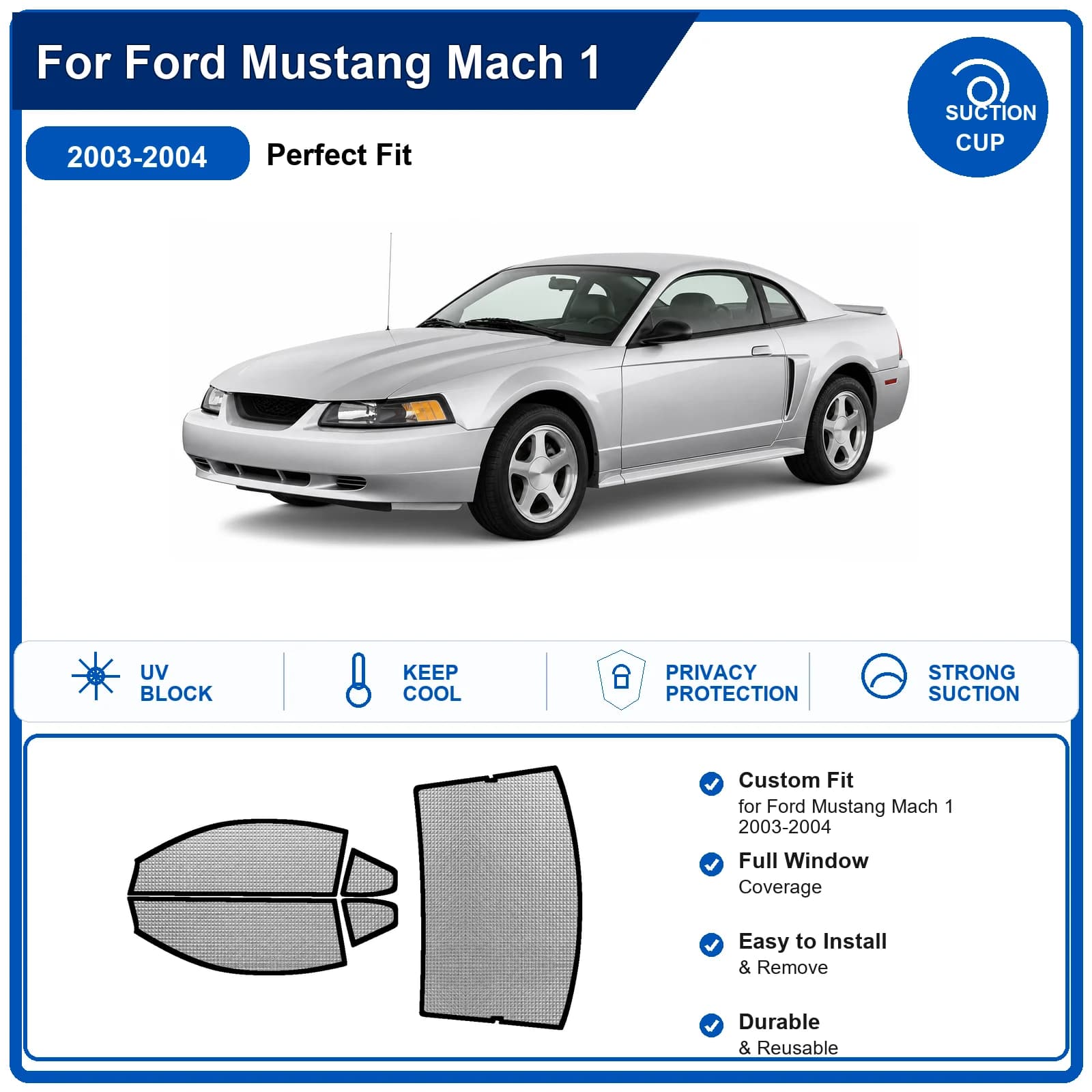 For Ford Mustang Mach 1 2003-2004 Custom Full Set Windshield Sun Shade Aluminum Foil Heat Insulation Anti UV Foldable
