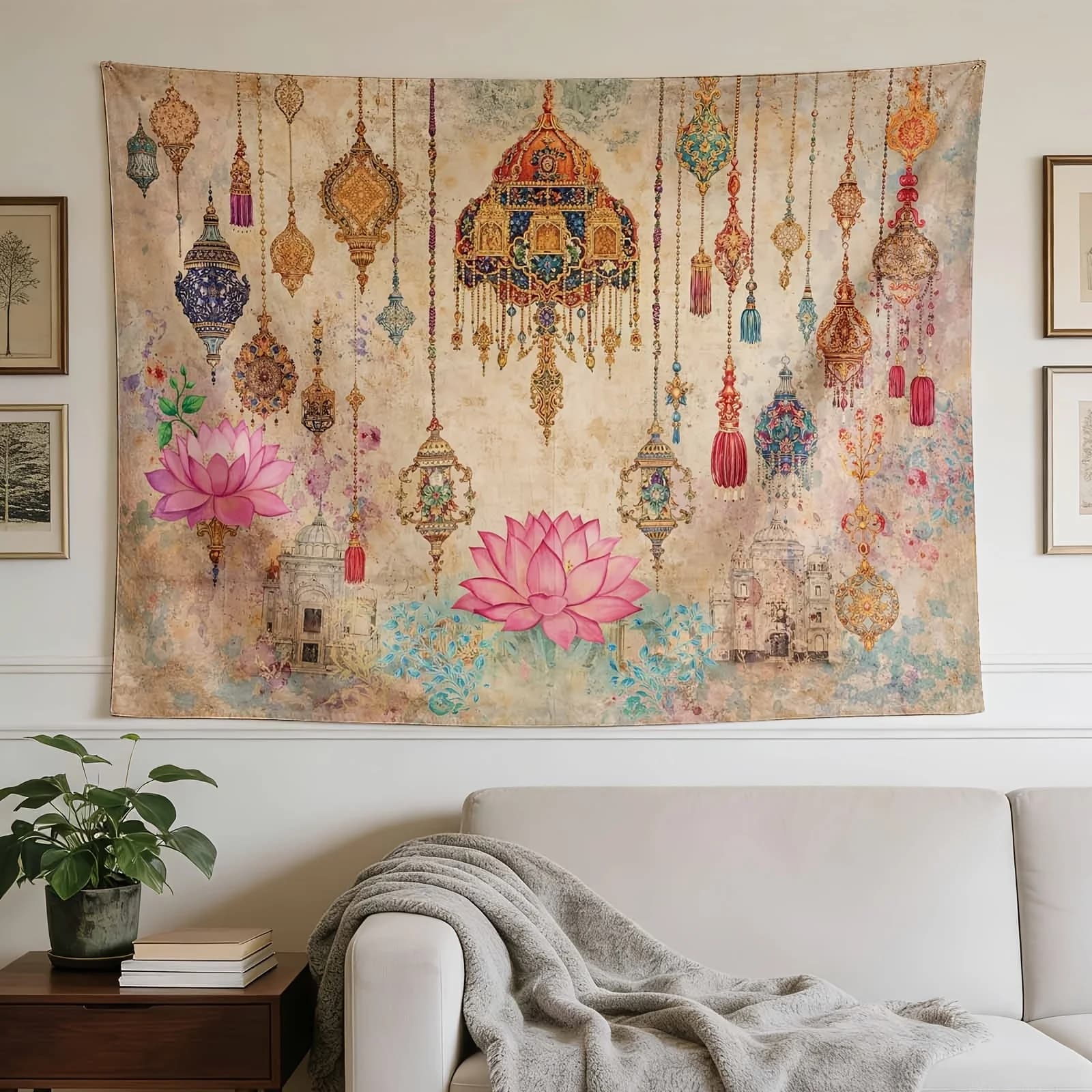 Bohemian Moroccan Gold Tapestry Wall Hanging Polyester Luxe Floral Dreamcatcher Ethnic Decor Boho Chic Living Room Accent Art Pi