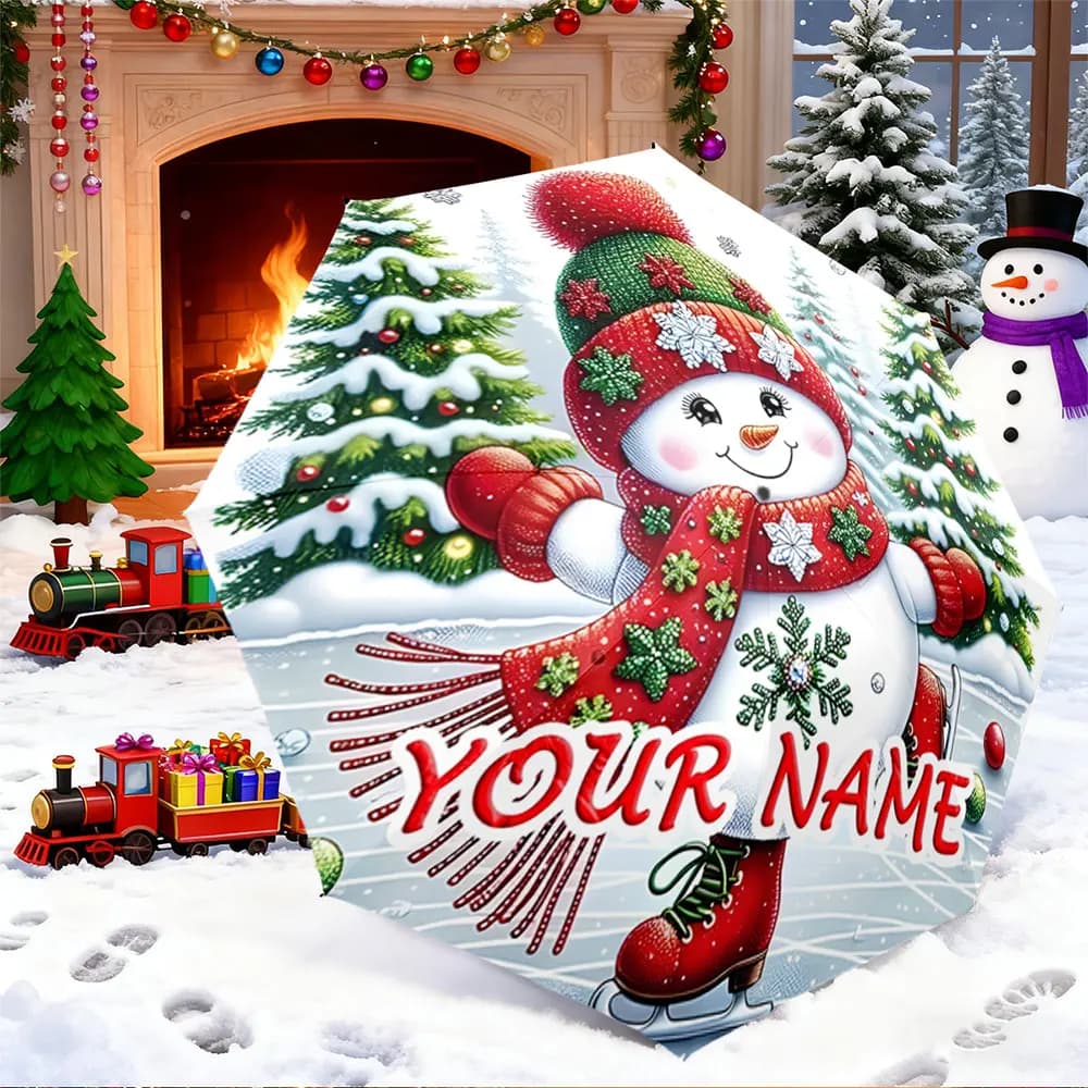 Custom Name Umbrella， Festive Snowman Ice Skating Design with Personal Name Print ,Portable Folding Umbrella, Christmas Gift