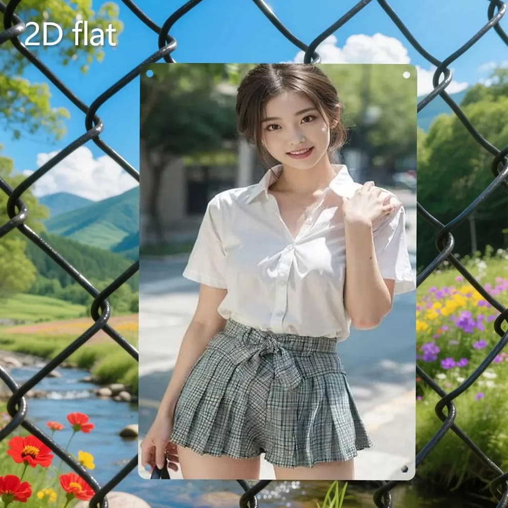 HD Metal Tin Sign Elegant Asian Girl in White Shirt & Plaid Skirt Wall Art Retro Metal Plaque for Home Decor 8x12 Inch