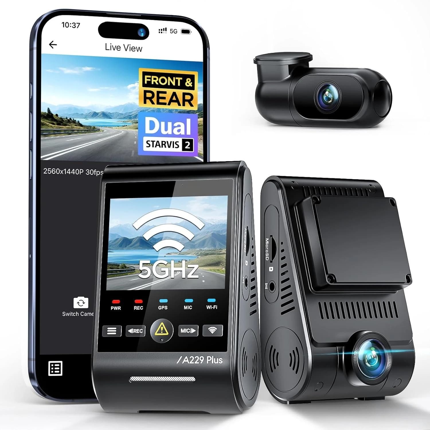 A229 Plus Dash Cam front and rear, double STARVIS sensors 2 HDR channels, car dashboard camera with voice control 1440P+1440P, new