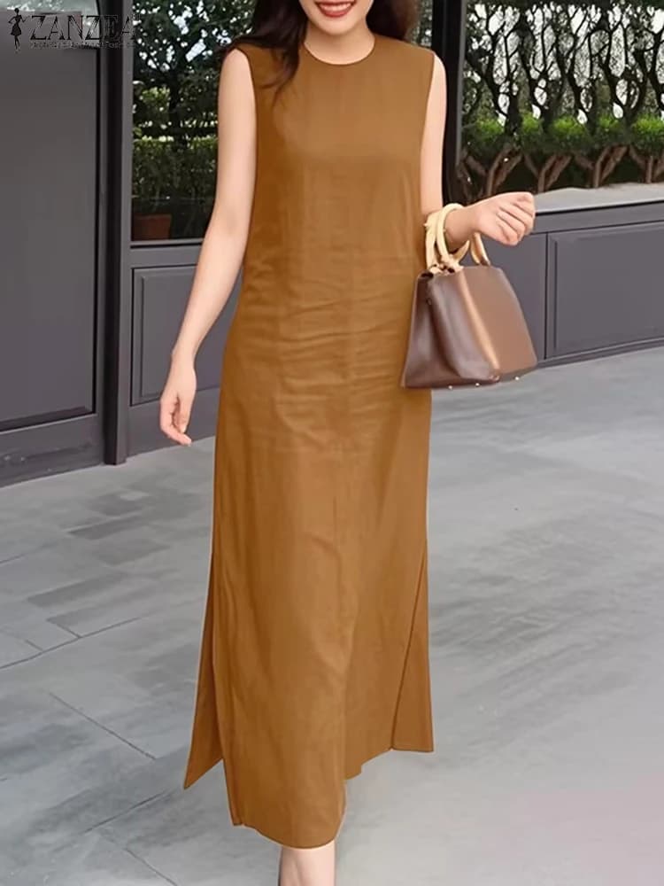 ZANZEA Women's Sleeveless Maxi Dresses O-Colle Casual Lateral Split Fashion Long Dresses Femme 2025 Pendolarism Active Solid Carro Armed Dresses