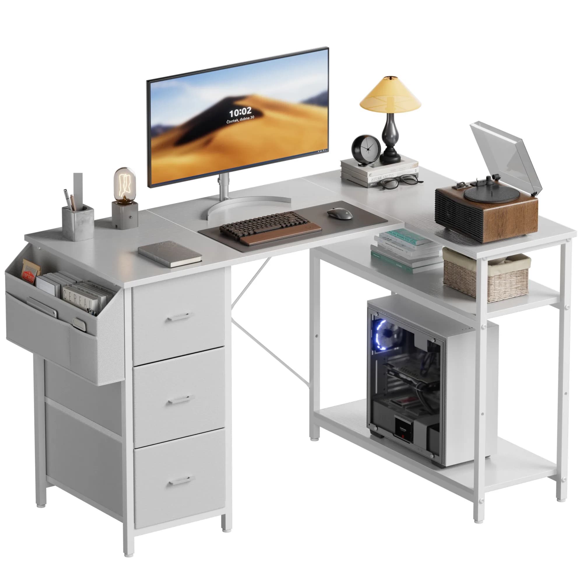 Scrivania per Computer 120/140cm, Scrivania Angolare con 3 Cassetti in Tessuto, Scrivania a L con Tasca Laterale, Tavolo PC per Ufficio e Gaming