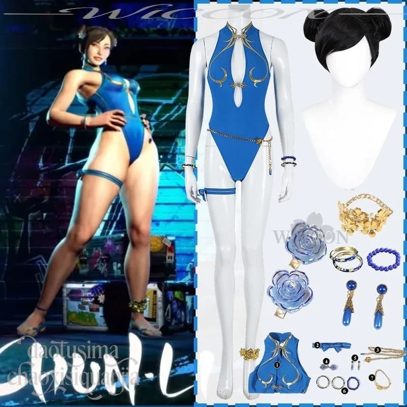 Costume Cosplay Sexy di Chunli da Final Fight 6, Bikini Blu Sukumizu con Spacco Alto, Lingerie Traforata, Costume da Bagno, Parrucche, Outfit per Feste