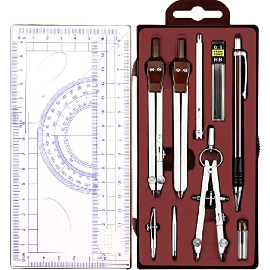 13 Pcs Geometry Set for Students Math Protractor Compass with Rulers Mechanical Pencil Lead Refills Storage Box of Protractors