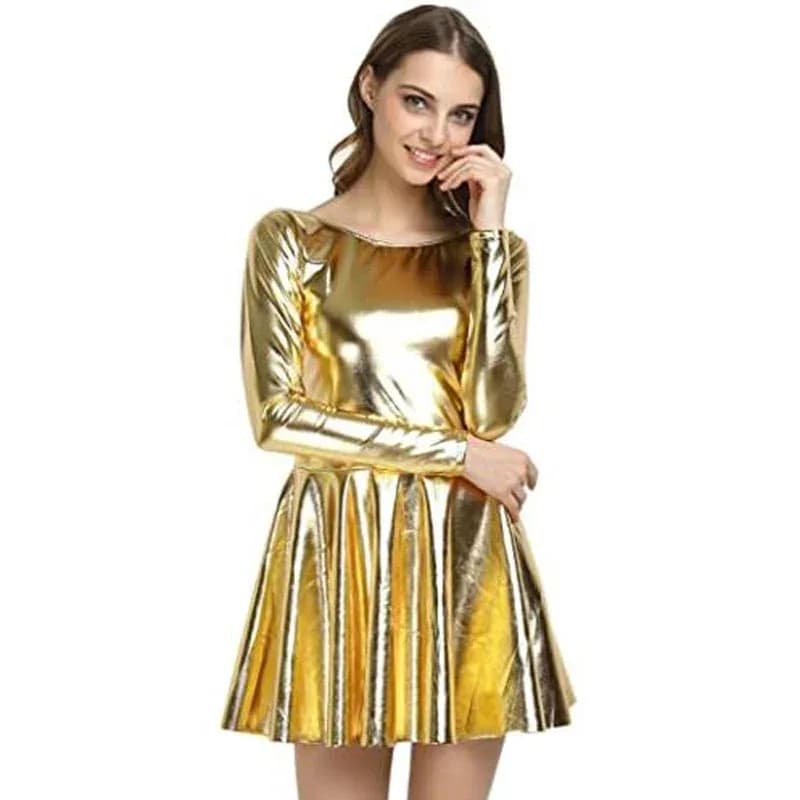 Abito plissettato a maniche lunghe semplice taglie forti Abito da donna con scollo rotondo Vestido Costume da ballo metallizzato lucido Moda A-line Mini Dr CQb;4.