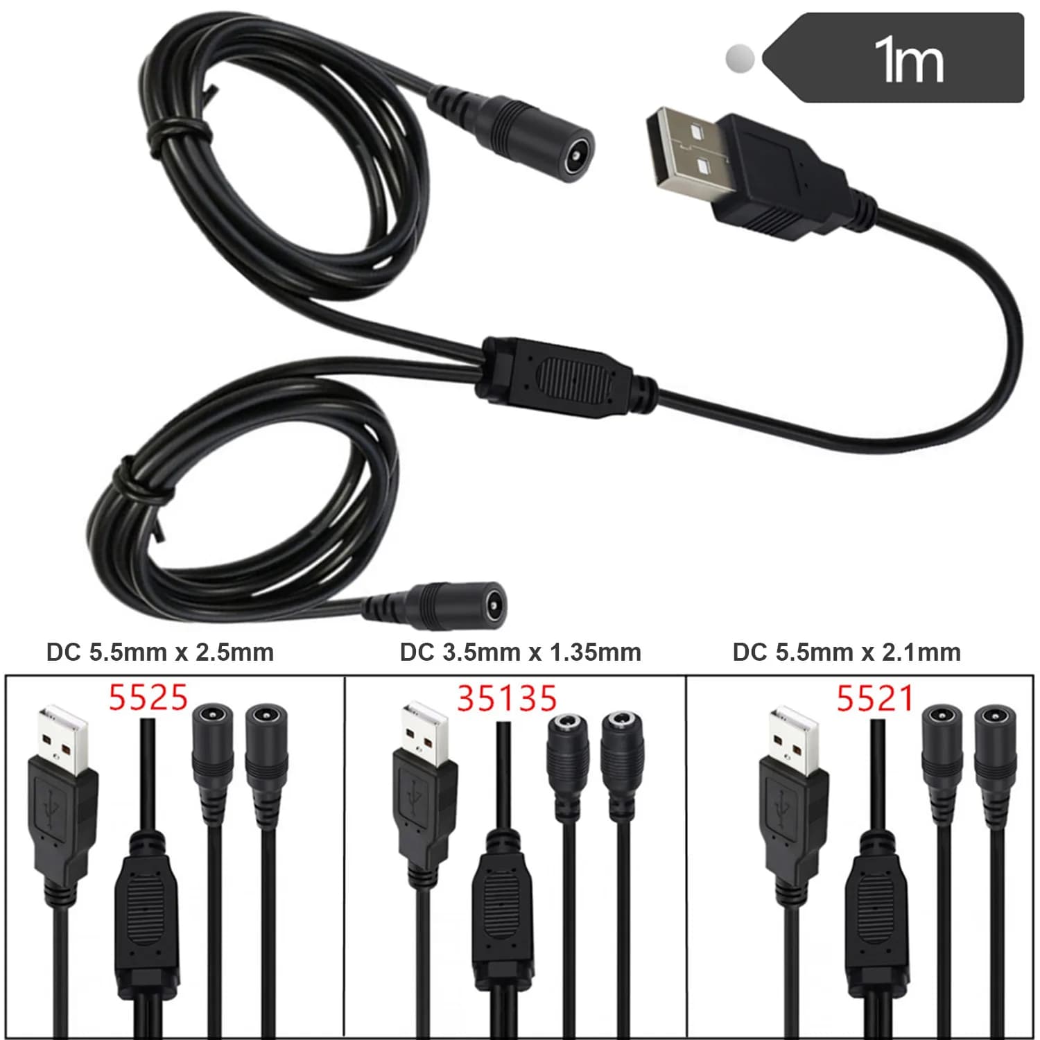 Cavo di alimentazione da USB a doppio CC da 1 M 5 V 3 A 5521/5525/35135 Interfacce Doppia ricarica Y Splitter Luci a LED Sensore fotocamera Router Casa