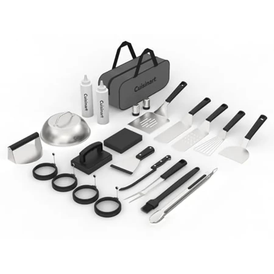 Set di 24 Utensili per Griglia con Borsa Portaoggetti, Accessori in Acciaio Inox per Piastra Piatta, con Spatole e Cupola per Fondere, per Smash Burger