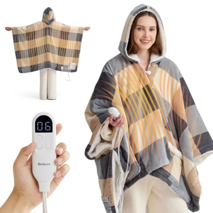 Heated Blanket Wearable Shawl - Electric Wrap Poncho Blanket Hoodie Adult as Winter Gifts for Mom Women Girlfriend, Warm Sherpa
