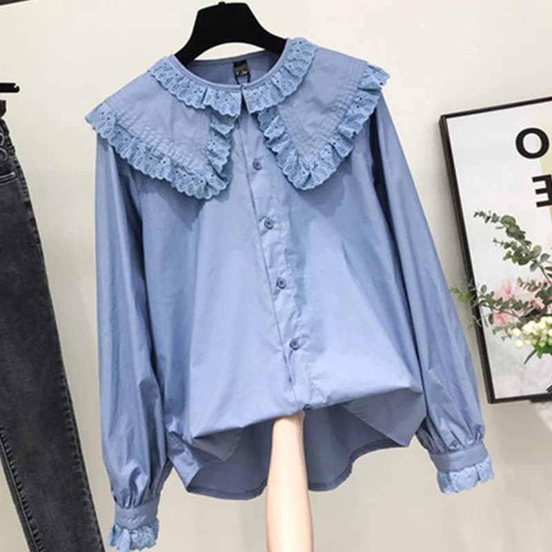 Camicie da donna chic con colletto alla Peter Pan stile coreano ragazza alla moda carino dolce volant Lolita camicetta di pizzo Kawaii adorabile quotidiano streetwear