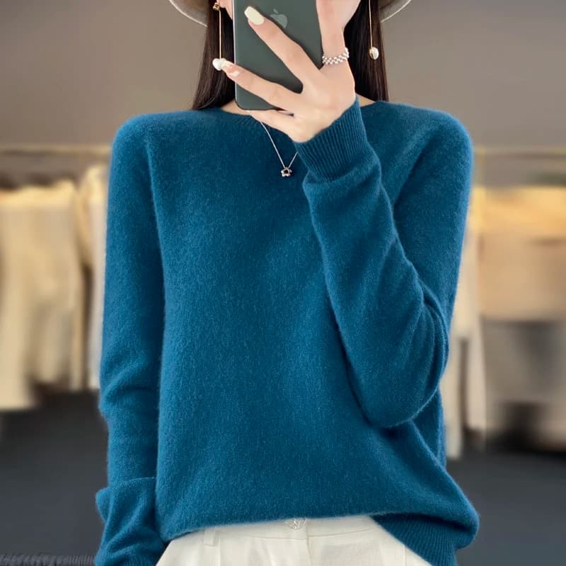 Maglione lavorato a maglia da donna in pura lana merino al 100% Autunno Inverno Moda O-Collo Pullover Maglione senza cuciture Top Abiti caldi in cashmere