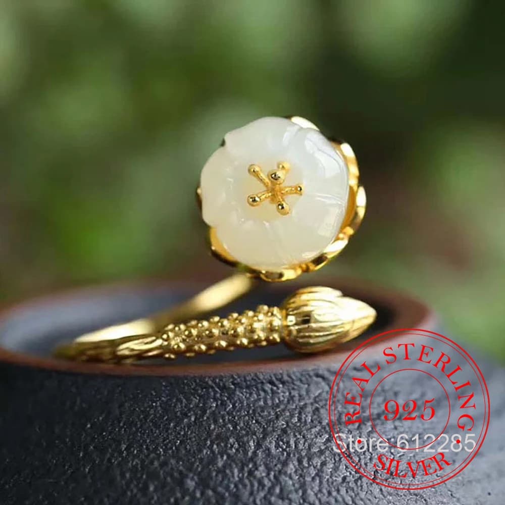 925 Sterling Silver Jewelry 18K Gold Plated Natural Jade Bud Lotus Seed Pod Finger Rings for Women Wedding Party Jewelry Gift