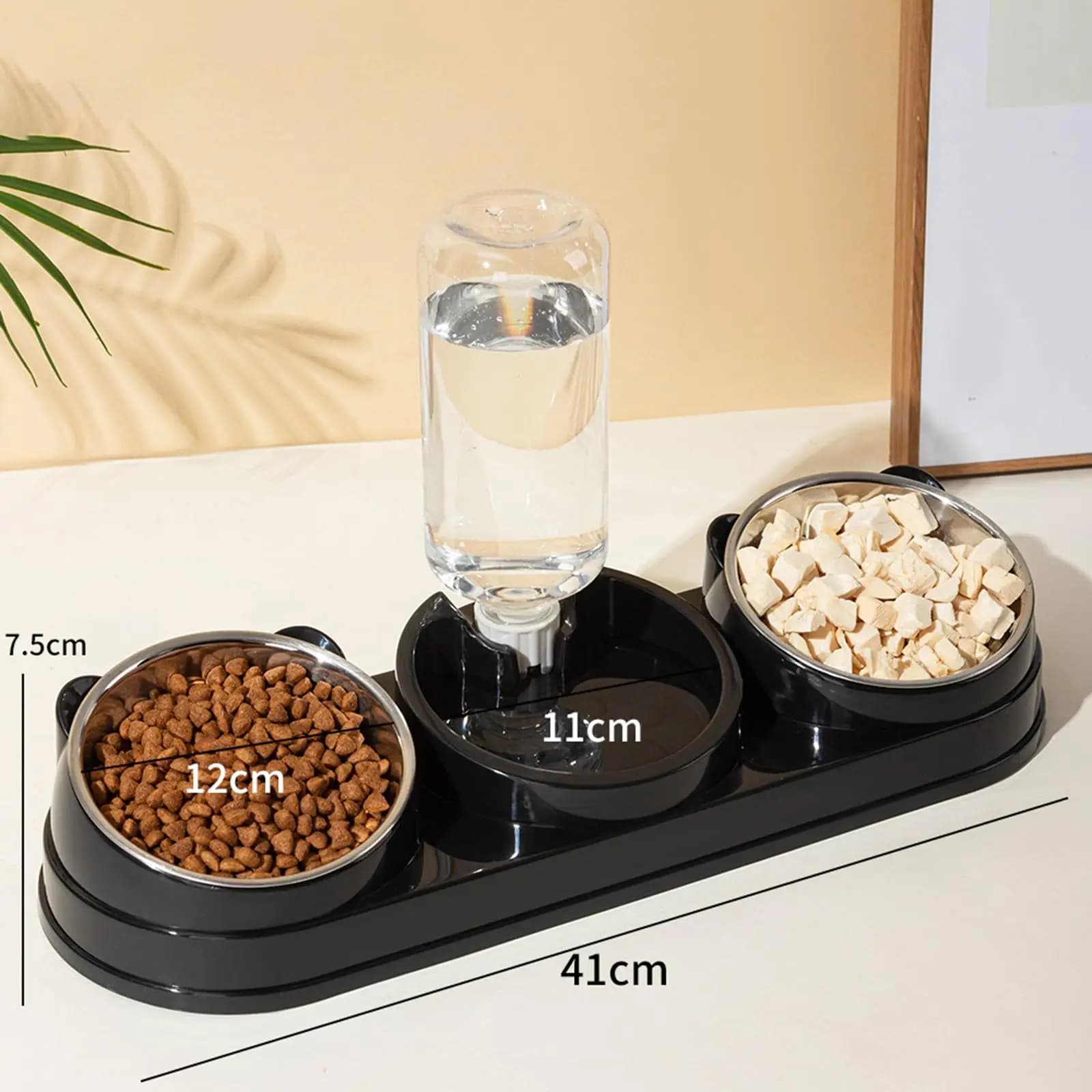 Triple Cat Bowls Wet and Dry Food Water Bottle Set Tilted Elevated Pet Feeder for Multi Animal Easy Clean