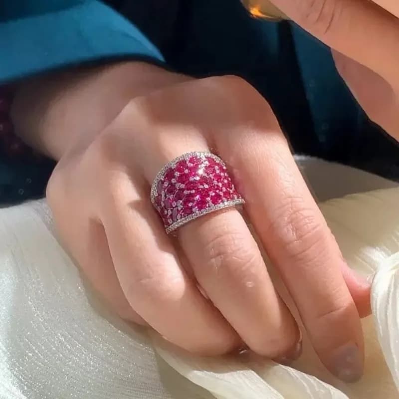 Women's Gorgeous Pink Synthetic Zircon Wide Edition Ring Light Luxury Elegant Ring Accessories For Banquet Dinner