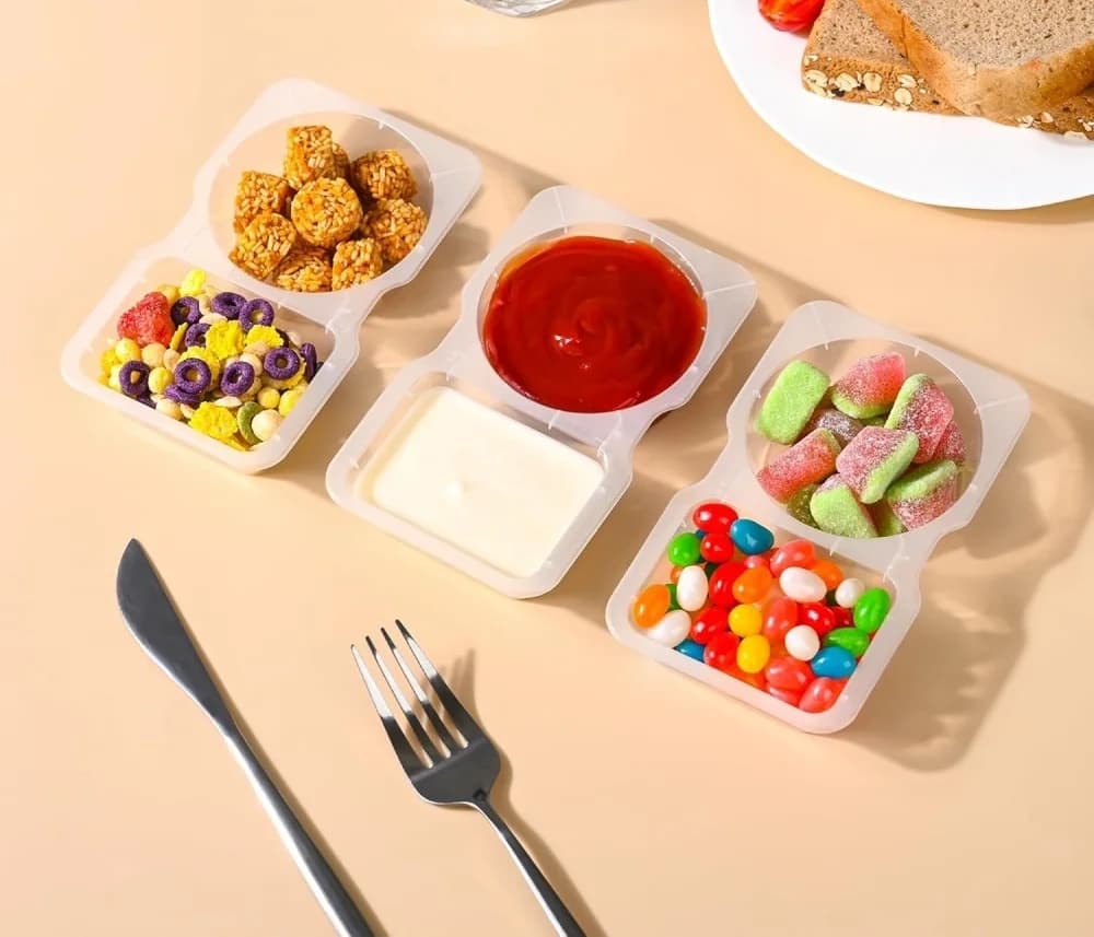 Clear Plastic Disposable Condiment Containers 2-Compartment Sauce Trays for Takeout, Meal Prep, and Food Service Ideal for Sauces Dips and Dressings