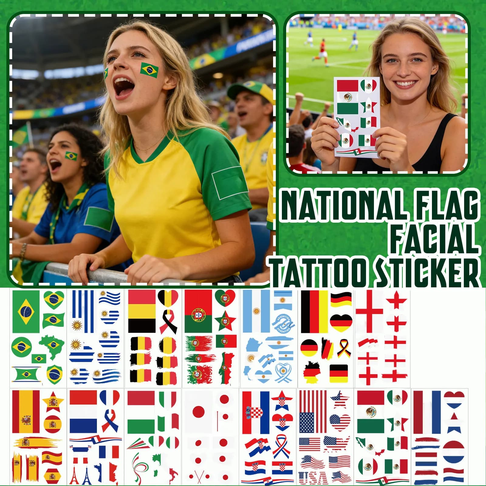 Tatuaggi/adesivi per il viso per tifosi di flag football, accessori per il tifo agli eventi, tatuaggio temporaneo con bandiera nazionale, adatto per adulti e bambini