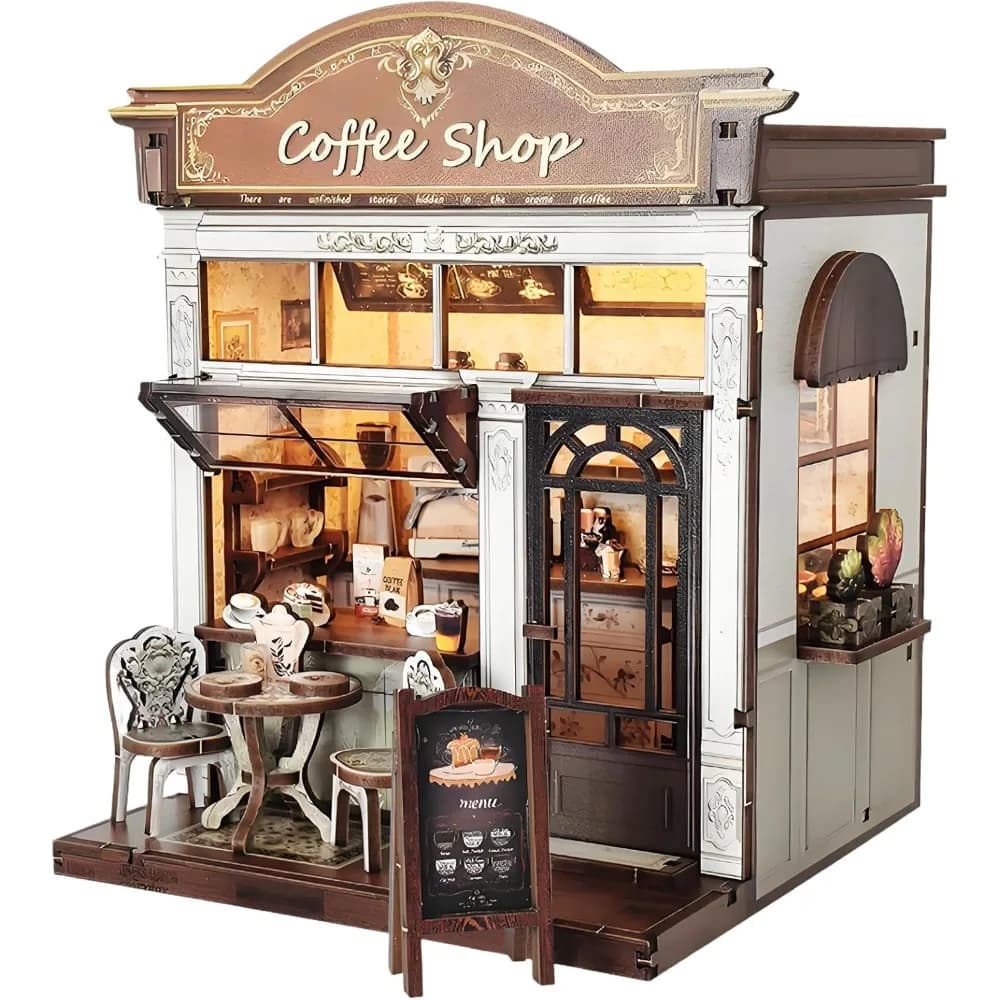 Caffetteria in miniatura per adulti e adolescenti e kit di costruzione della casa in legno con angolo di libri con puzzle 3D
