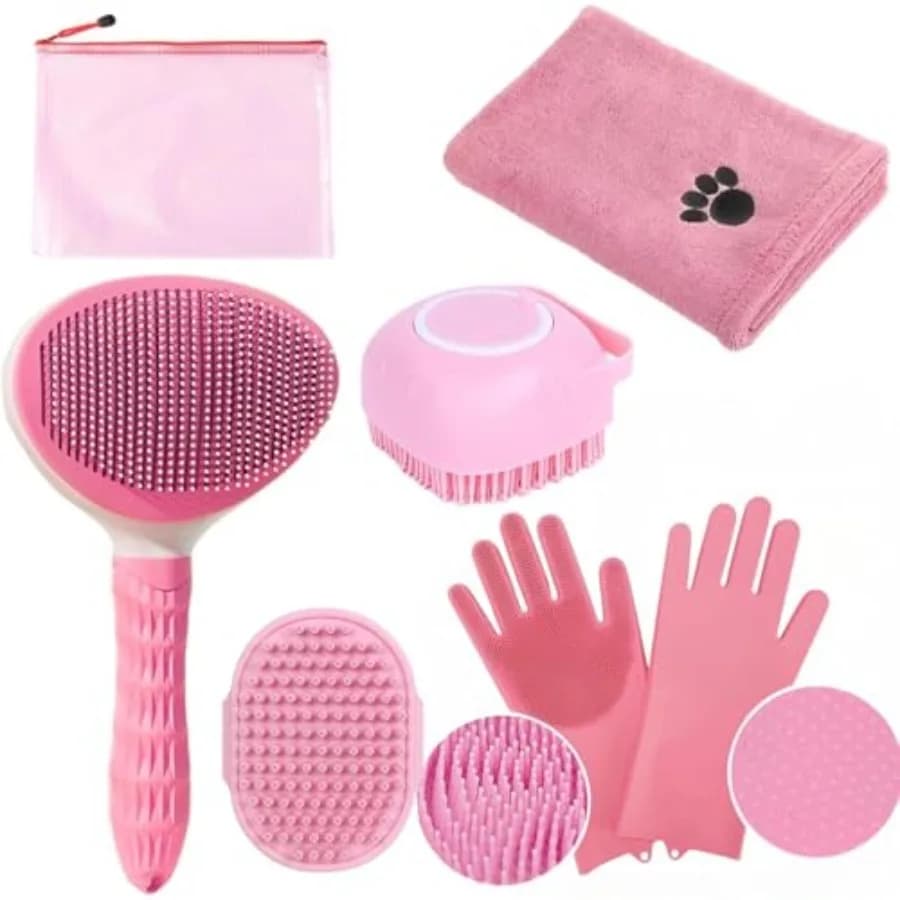 Pet grooming kit for dog cat bathing: deshedding brush, shampoo dispenser brush, bath gloves, microfiber towel pink, stainless