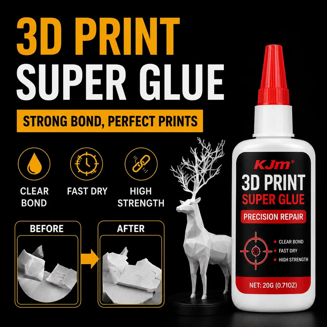 KJM 3D Printer Adhesive Glue Fast Curing Instant Bond Super Glue For PLA ABS Resin Filament Parts Model Assembly DIY Repair