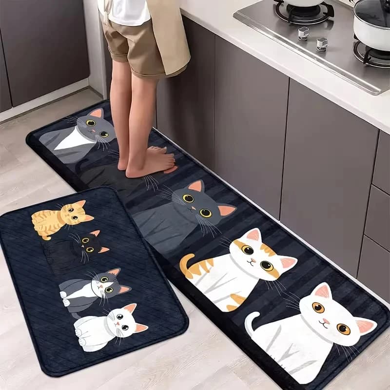 Tappetino Antiscivolo VIKAMA con Motivo a Righe e Gatti per Cucina, Bagno, Lavanderia e Arredamento Casa