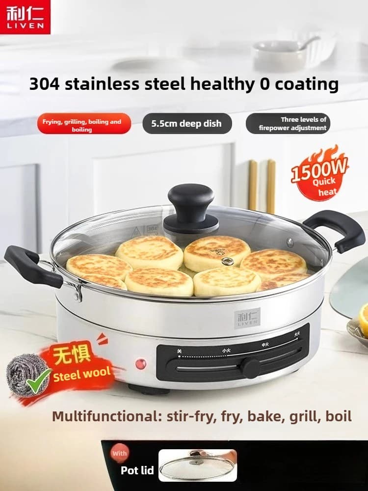 LIVEN padella elettrica teglia elettrica in acciaio inox per approfondimento domestico padella multifunzionale per frittura, cottura e pancake